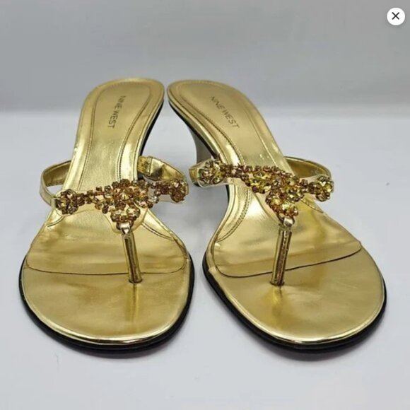 Nine West Gold Heeled Thong Sandals with Jewel Embellishments | Size 11 | EUC - Picture 6 of 9